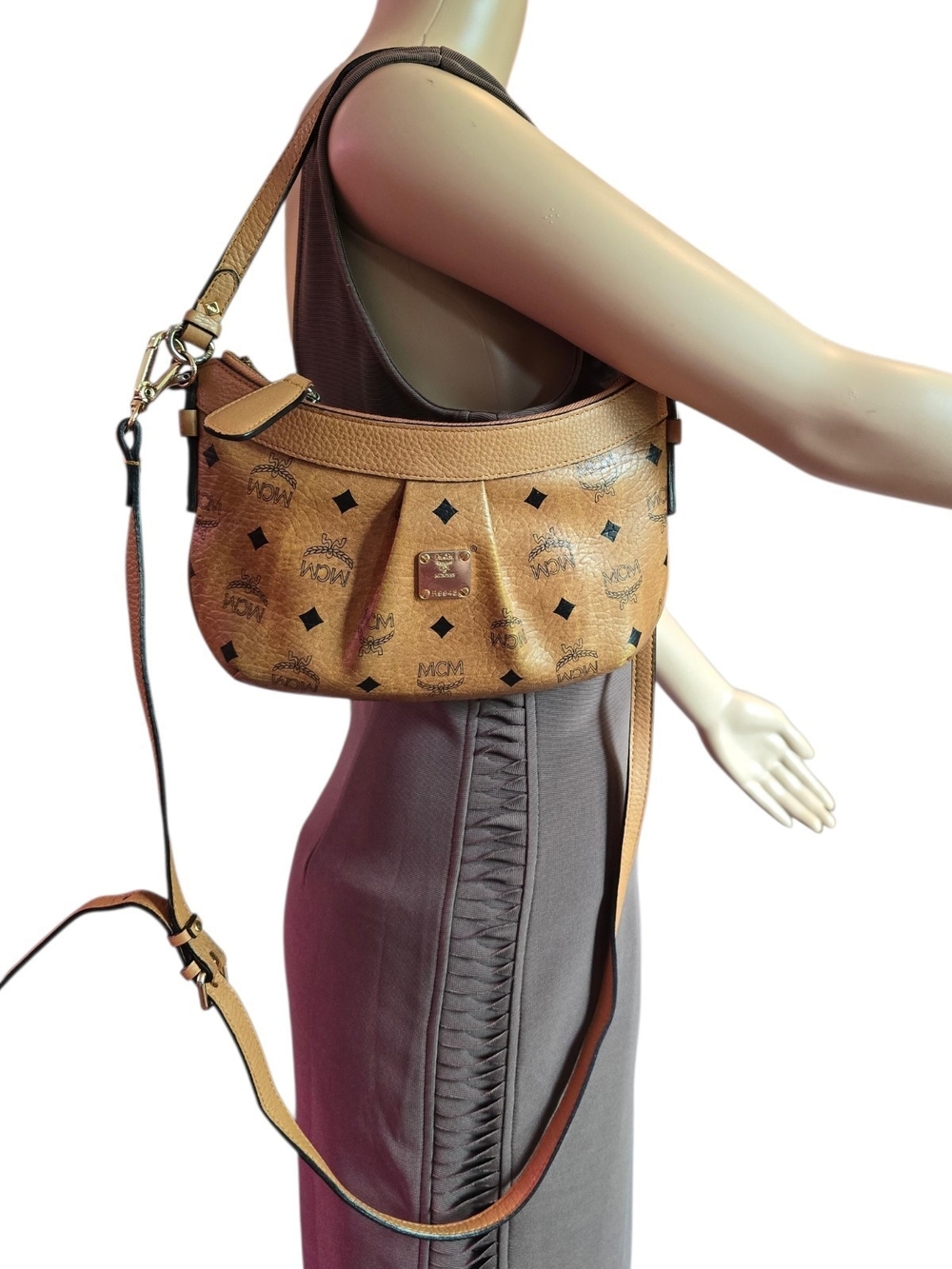 MCM Cognac Logo Visetos Shoulder And Cross Body Bag